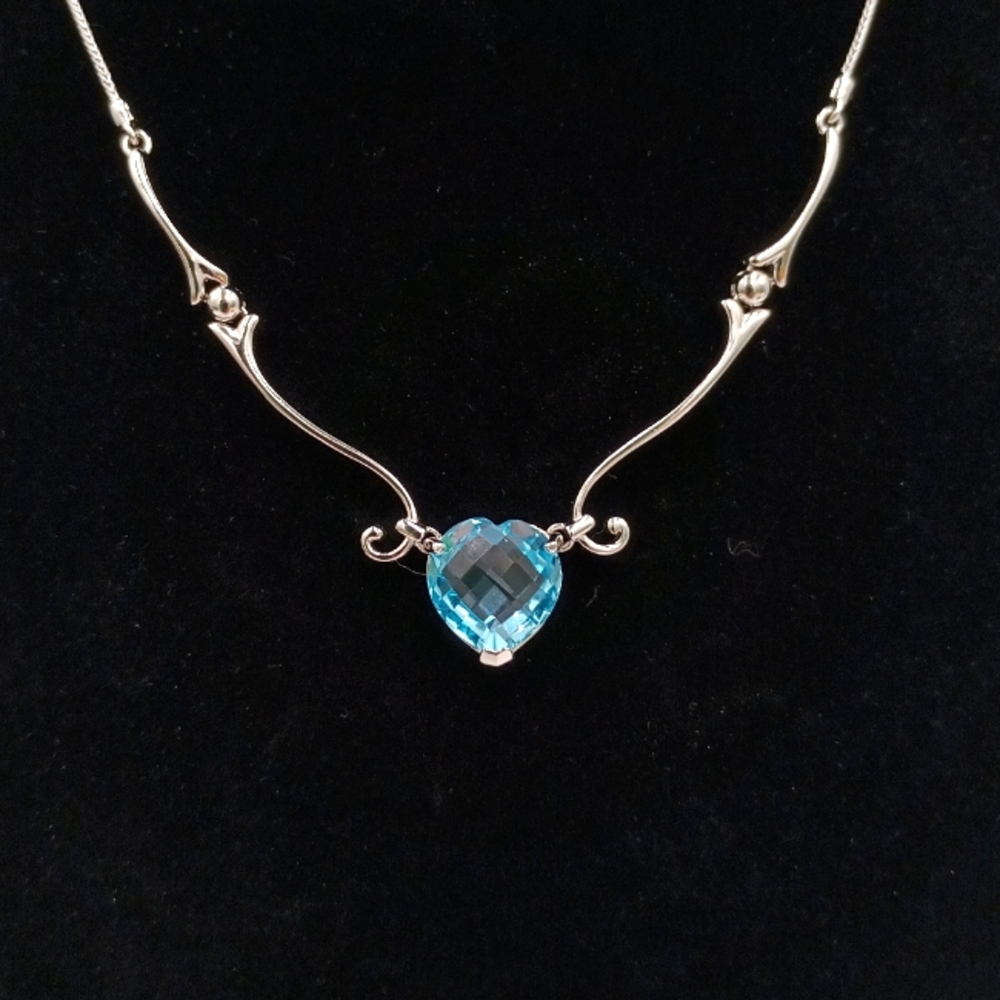 Large Faceted Swiss Blue Topaz Heart Pendant 925 Sterling Silver Necklace 16"+